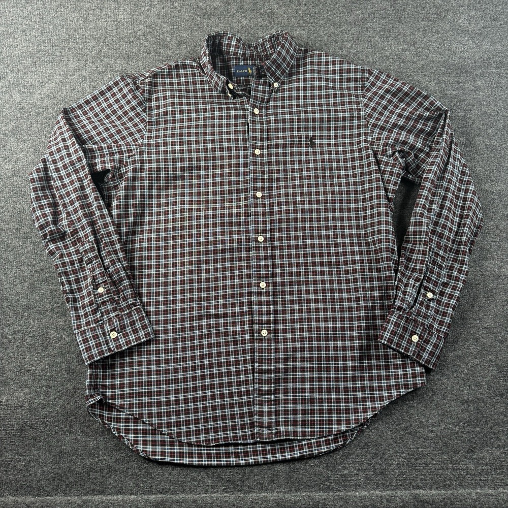 Ralph Lauren Men's Button Down Large‎ Red Black Plaid Cotton Y2K EUC